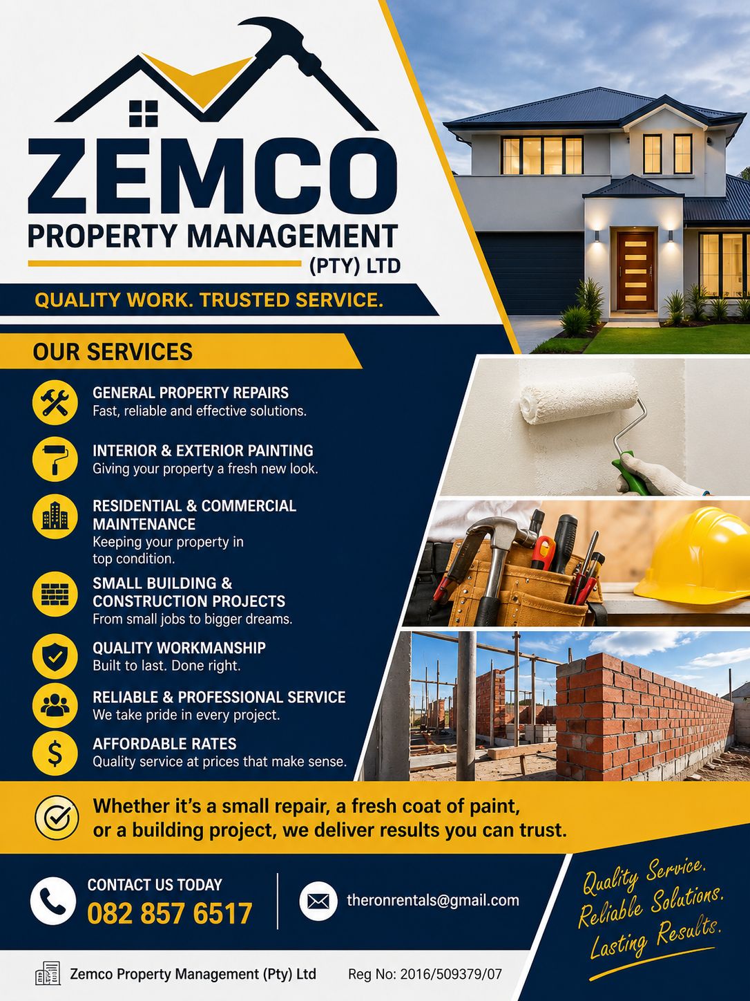 Zemco property management service advert showing home, painting and construction work
